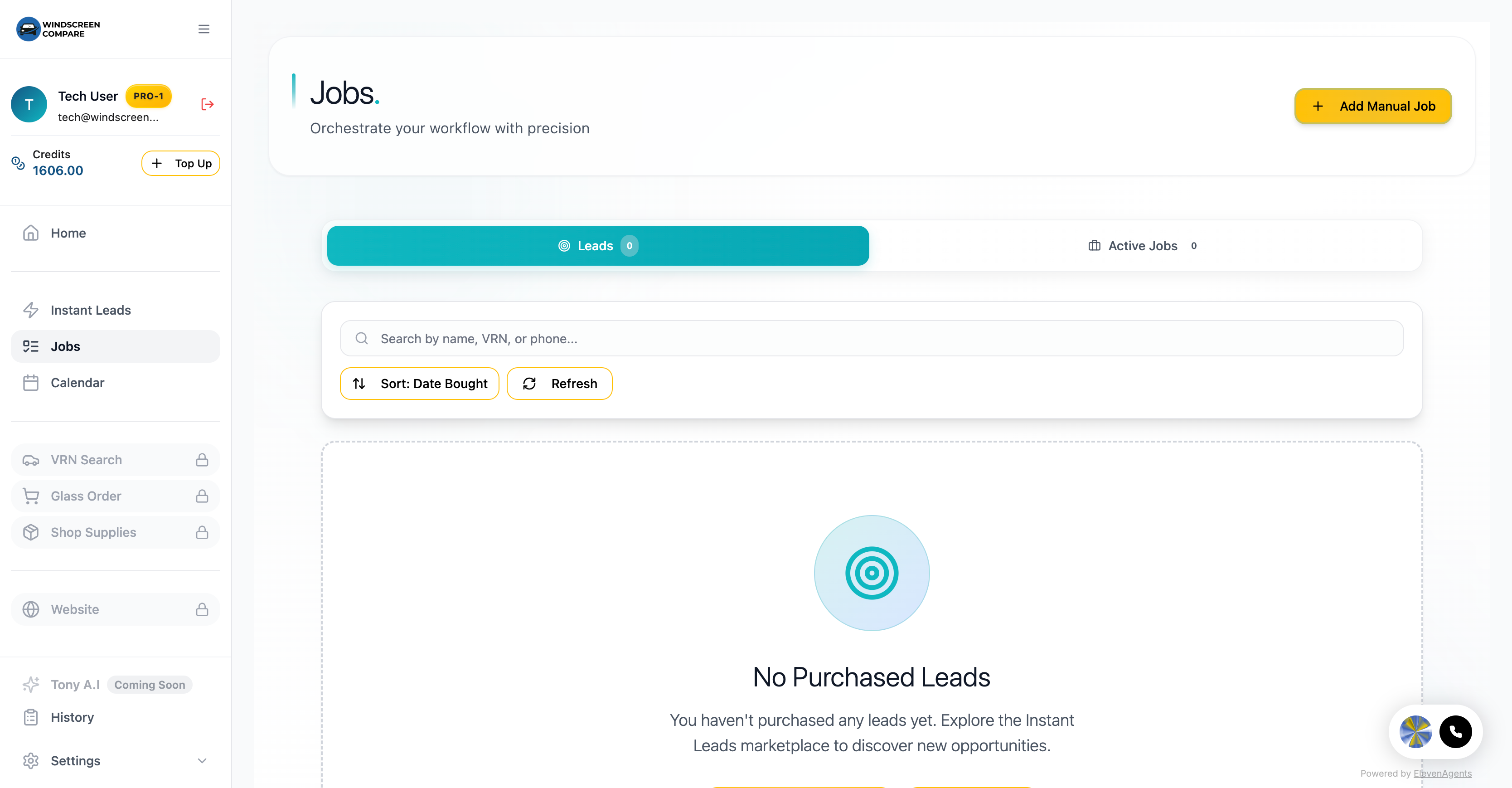 Windscreen Compare technician portal — jobs dashboard