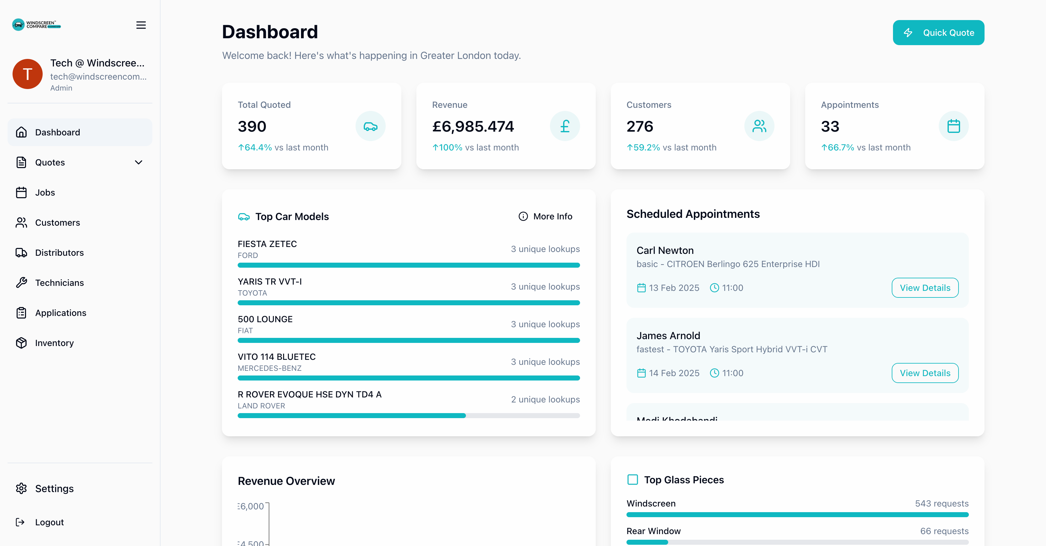 Windscreen Compare — internal CRM and operations dashboard